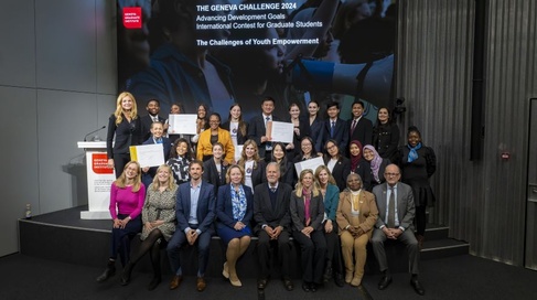 Geneva Challenge finalists celebrating on stage with the competition jury